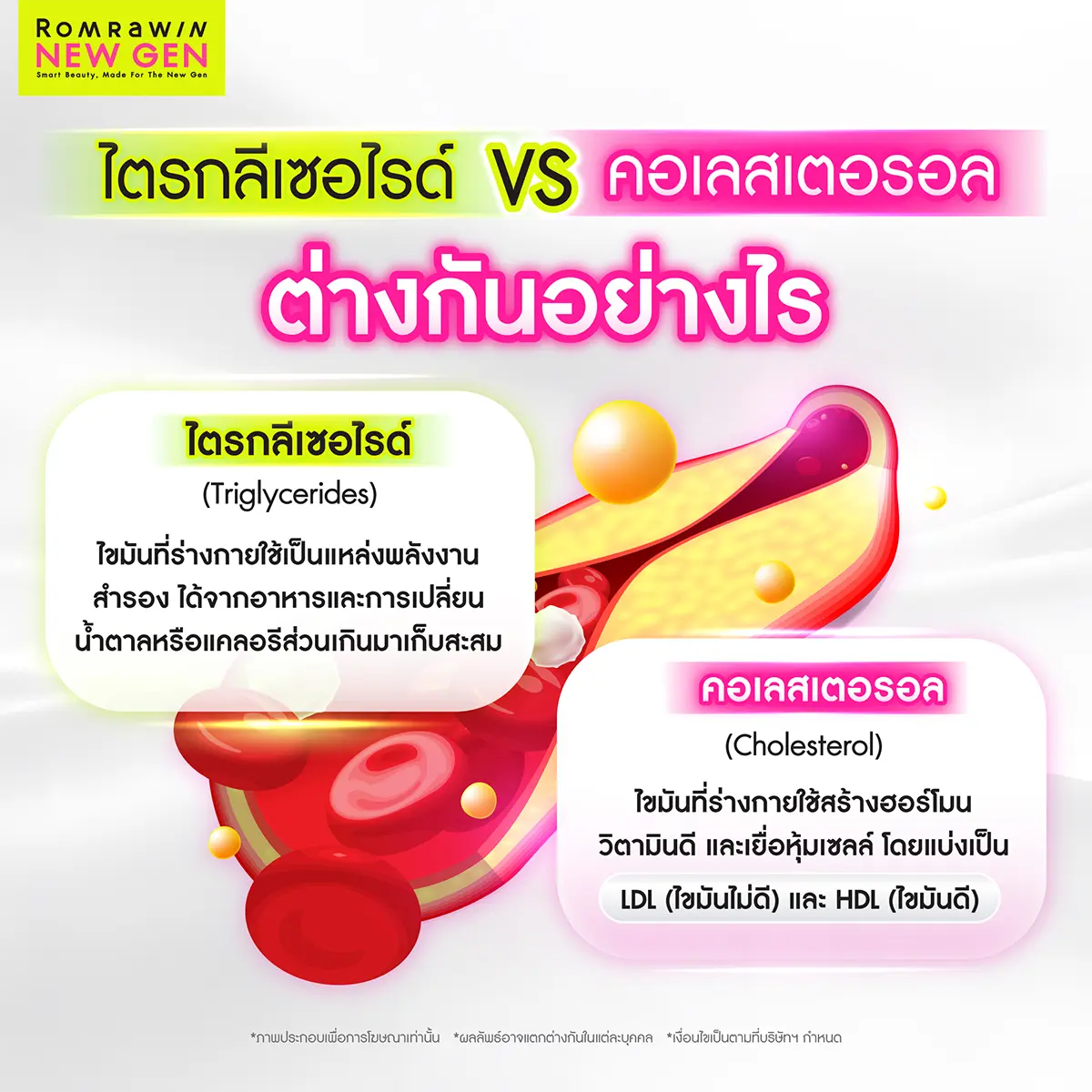 ไตรกลีเซอไรด์ VS คอเลสเตอรอล ต่างกันอย่างไร ภาพกราฟิกเปรียบเทียบการทำงานของไขมันทั้งสองชนิดภายในหลอดเลือด
