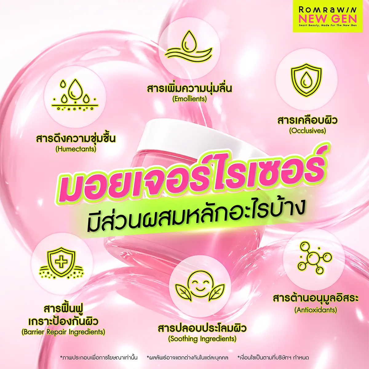ส่วนผสมหลักมอยเจอร์ไรเซอร์ สารดึงความชุ่มชื้น สารเคลือบผิว สารเพิ่มความนุ่มลื่น สารฟื้นฟูเกราะป้องกันผิว Romrawin New Gen