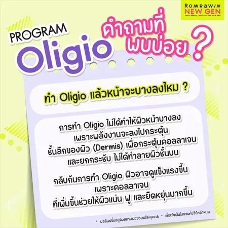 คำถามที่พบบ่อย PROGRAM Oligio ทำแล้วหน้าจะบางลงไหม ภาพกราฟิกป้ายข้อความตอบข้อสงสัยเกี่ยวกับการทำงานของคลื่นความร้อนต่อชั้นผิวหนัง