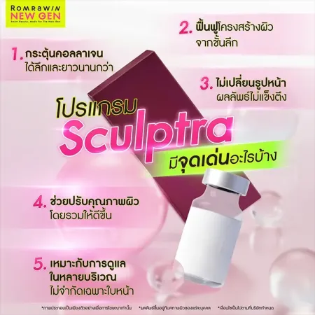 อินโฟกราฟิกสรุปข้อมูลโปรแกรม Sculptra มีจุดเด่นอะไรบ้างในการช่วยปรับคุณภาพผิวโดยรวมให้ดีขึ้นพร้อมช่วยกระตุ้นคอลลาเจน