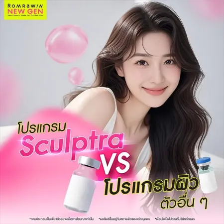 อินโฟกราฟิกเปรียบเทียบโปรแกรม Sculptra VS โปรแกรมผิวตัวอื่นๆ แสดงภาพนางแบบยิ้มสวยคู่กับขวดผลิตภัณฑ์ปรับสภาพผิว
