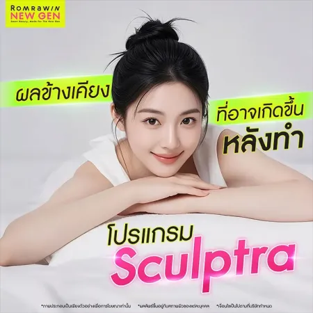 อินโฟกราฟิกอธิบายหัวข้อผลข้างเคียงที่อาจเกิดขึ้นหลังทำโปรแกรม Sculptra Romrawin โดยแสดงภาพนางแบบผิวหน้าเรียบเนียน