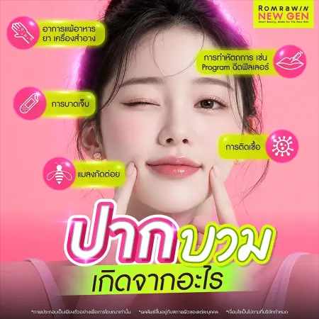 อินโฟกราฟิกสรุปข้อมูลสาเหตุปากบวม เกิดจากอะไร พร้อมเช็กลิสต์ปัจจัยกระตุ้นเช่นการแพ้และการทำหัตถการฉีดฟิลเลอร์