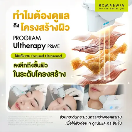 หัวเครื่องยกกระชับและภาพจำลองชั้นผิวหนังลึกข้างข้อความทำไมต้องดูแลถึงโครงสร้างผิว