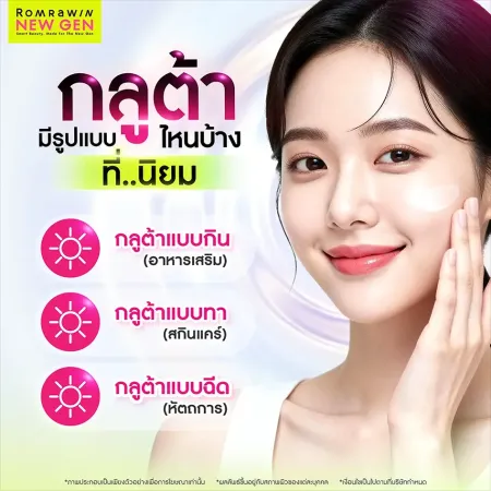 อินโฟกราฟิกแนะนำหัวข้อกลูต้ามีรูปแบบไหนบ้างที่นิยม พร้อมไอคอนแจกแจงแบบกินแบบทาและแบบฉีดหัตถการงานผิว