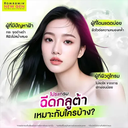 อินโฟกราฟิกแนะนำหัวข้อโปรแกรมฉีดกลูต้าเหมาะกับใครบ้าง รายละเอียดกลุ่มคนที่มีปัญหาฝ้ากระผิวโดนแดดบ่อยและผิวโทรม