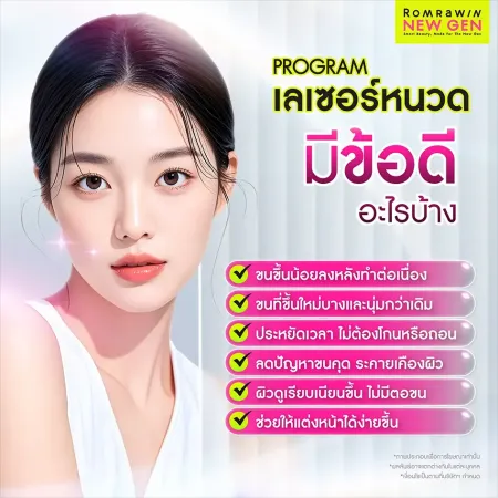ภาพกราฟิกสรุปข้อดีเลเซอร์หนวดรมย์รวินท์นิวเจนแสดงรายการลดขนคุดและช่วยให้ผิวเรียบเนียนขึ้น
