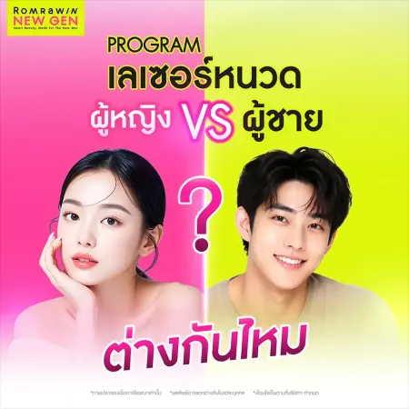 ภาพกราฟิกเลเซอร์หนวดผู้หญิงและผู้ชายของรมย์รวินท์นิวเจนโชว์ภาพใบหน้าคู่กับเครื่องหมายคำถาม