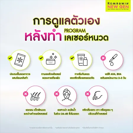 ภาพกราฟิกการดูแลตัวเองหลังทำโปรแกรมเลเซอร์หนวดรมย์รวินท์นิวเจนแสดงวิธีปฏิบัติและข้อห้ามเจ็ดข้อ
