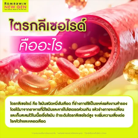 ไตรกลีเซอไรด์ คืออะไร ภาพกราฟิกจำลองโมเลกุลไขมันสีเหลืองและเซลล์เม็ดเลือดแดงสะสมภายในหลอดเลือด