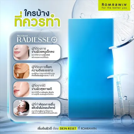 อินโฟกราฟิกรายละเอียดหัวข้อใครบ้างที่ควรทำโปรแกรม Radiesse Romrawin สำหรับผู้ที่ต้องการงานผิวแลดูเด็กลงและล็อกความตึงระยะยาว